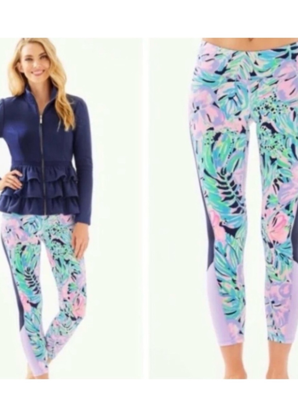 Lilly Pulitzer Pastel Tropical Capri Leggings with Navy Side Panels